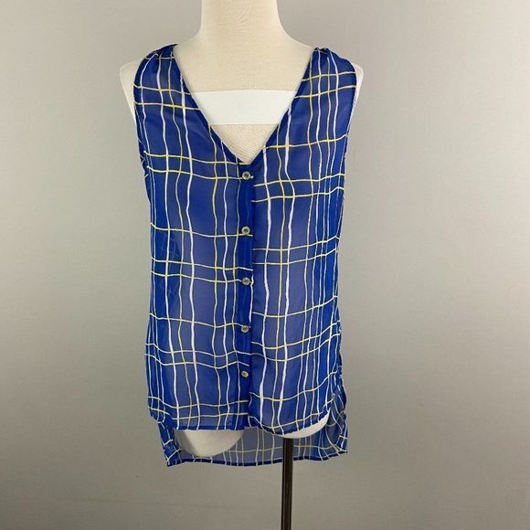 SWEET RAIN Blue & Yellow Plaid Open Back Blouse‎ - Picture 2 of 8